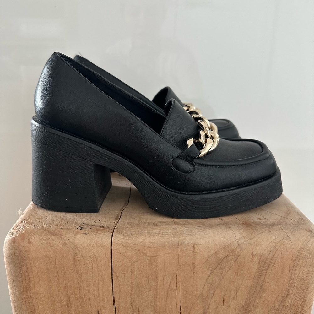 Black Chunky Heel Loafers with Gold Chain